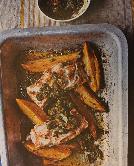 YOGHURT-BAKED FISH WITH CHILLI SWEET POTATO AND PEANUT CHUTNEY