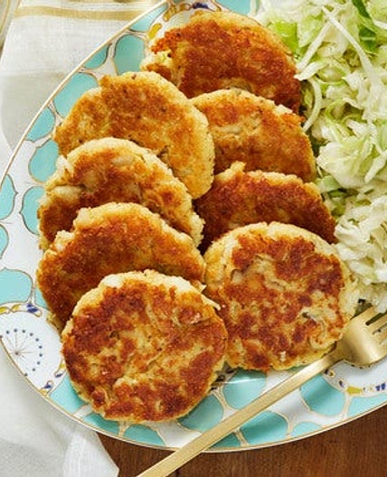 Pan-Fried Cod & Potato Cakes with Marinated Cabbage Slaw