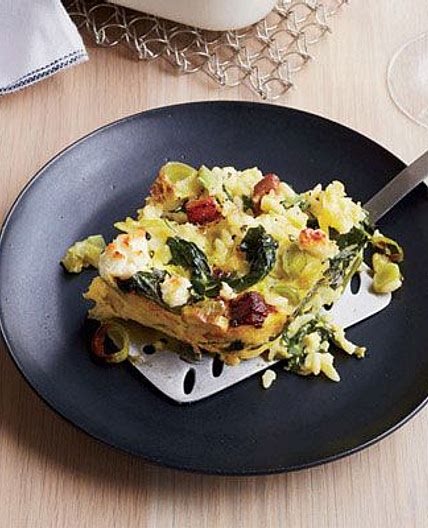 Custardy Baked Orzo with Spinach, Bacon, and Feta