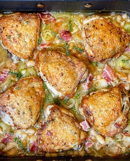Chicken, Leek, Bacon and Bean Traybake - Anna's Family Kitchen