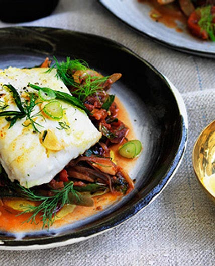 Barramundi with braised green beans, dill and mint