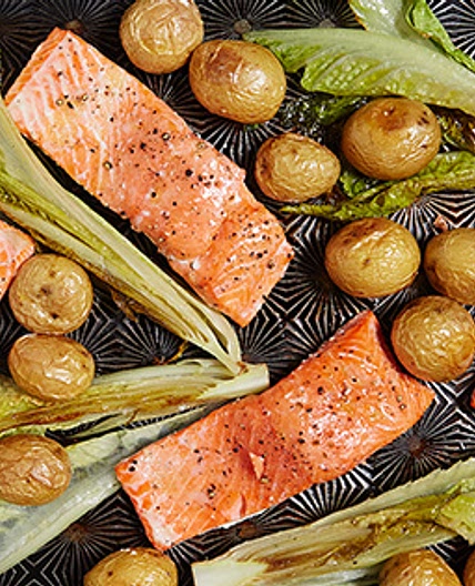 One-Pan Roasted Salmon with Potatoes and Romaine