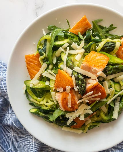 Lemony Pesto Zoodles with Asparagus and Salmon