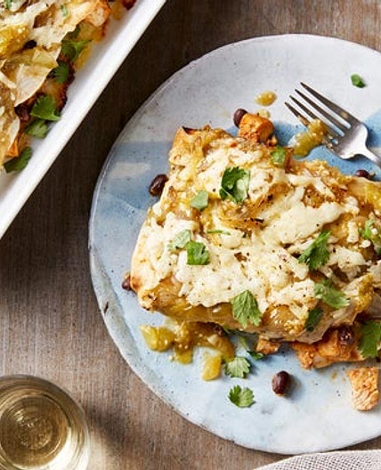 Cheesy Chicken & Black Bean Enchiladas with Salsa Verde