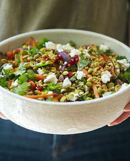 Freekeh salad with sticky roasted carrots, goat cheese and pistachios