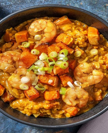 Prawn and Roasted Butternut Squash Dahl with Spring Onions