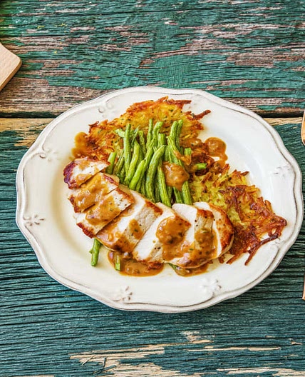 Mustard Pork Chops & Potato Rosti with Tender Green Beans
