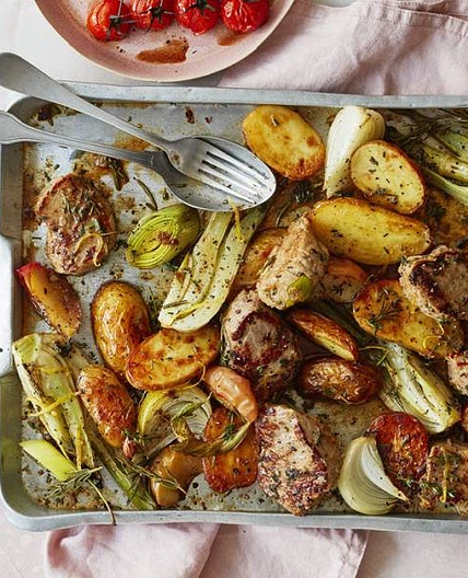 Pork, apple and leek traybake