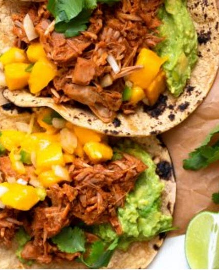 Slow Cooker Jackfruit Carnitas Tacos with Mango Salsa - Home-Cooked Roots