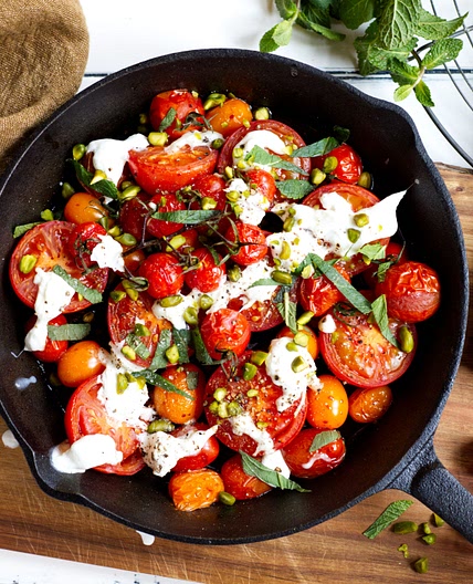 Honey Roasted tomatoes with burrata and pistachios