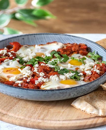 Chorizo Shakshuka with Salad & Flatbreads