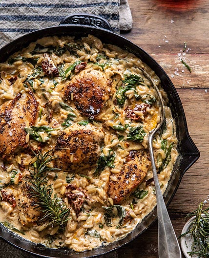 One Skillet Creamy Sun-Dried Tomato Chicken and Orzo