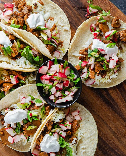 Seitan Asada Tacos with Lime Rice & Radish Salsa