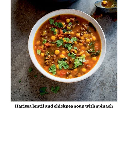 Harissa lentil and chickpea soup with spinach