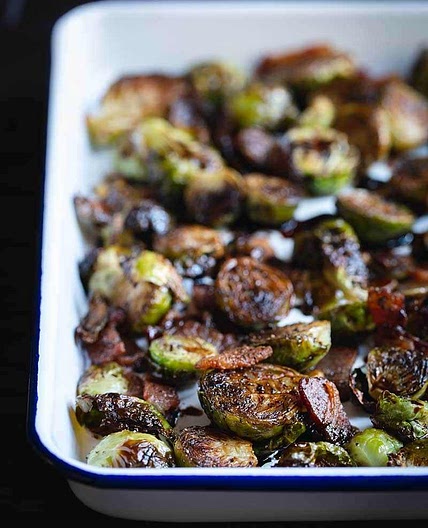 Roasted Brussels Sprouts with Bacon, Parmesan, and Balsamic Reduction