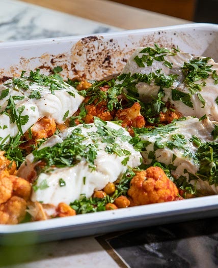 Roast Cod with Harissa, Chickpeas and Cauliflower