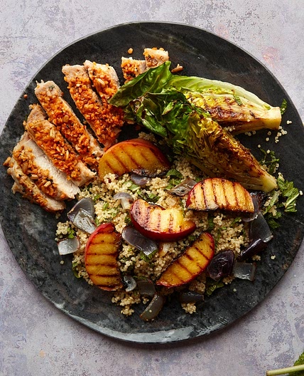 MC - Dukkah pork with plums & charred lettuce