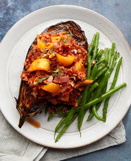 MC - Middle Eastern tempeh 'mince' stuffed aubergine