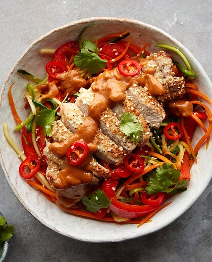 MC - Sesame pork with veggie noodles & peanut sauce