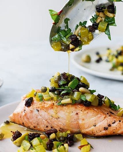 Ottolenghi Bridget Jones' Pan-Fried Salmon with Pine Nut Salsa