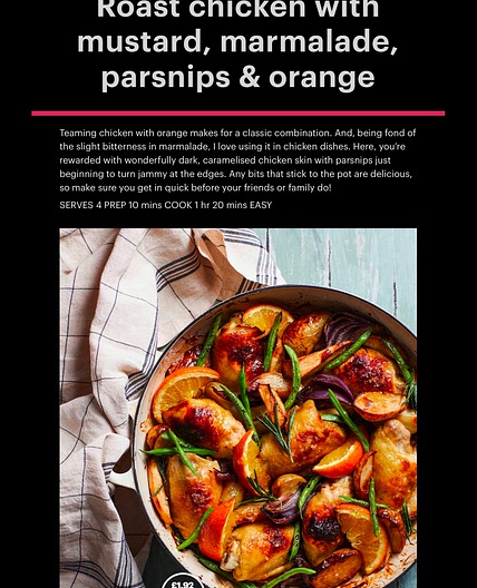 Roast chicken with mustard, marmalade, parsnips & orange