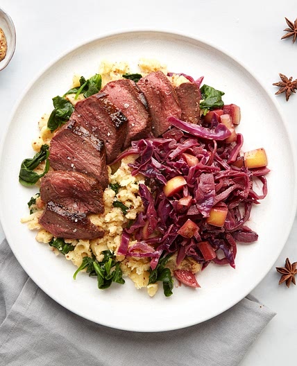 MC - Venison with braised red cabbage & parsnip mash