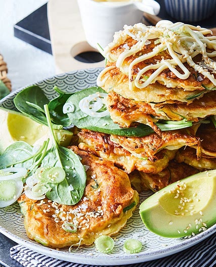 Okonomiyaki Japanese pancakes with prawns