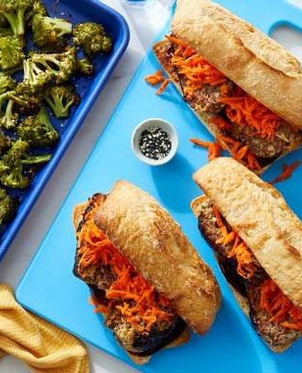 Sheet Pan Hoisin Meatloaf Sandwiches with Ponzu-Dressed Broccoli