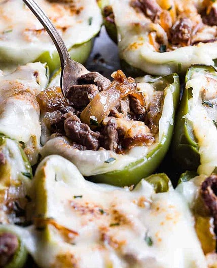 Low Carb Keto Philly Cheesesteak Stuffed Peppers with cauliflower