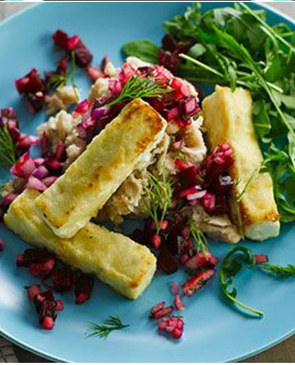 Pan-cooked feta with beetroot salsa & bean mash