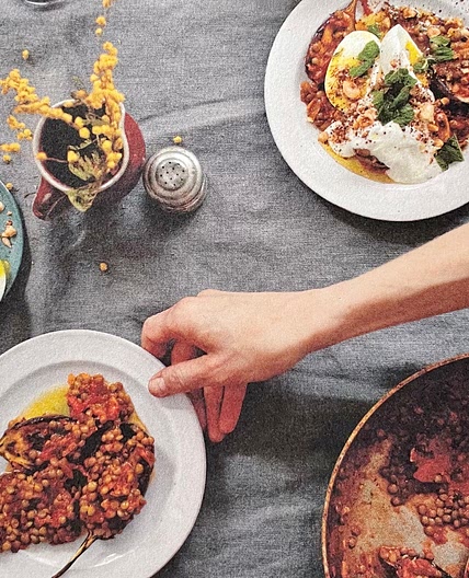 Roast Aubergines, Lentils, Soft-boiled Egg, Garlic Yoghurt & Duk