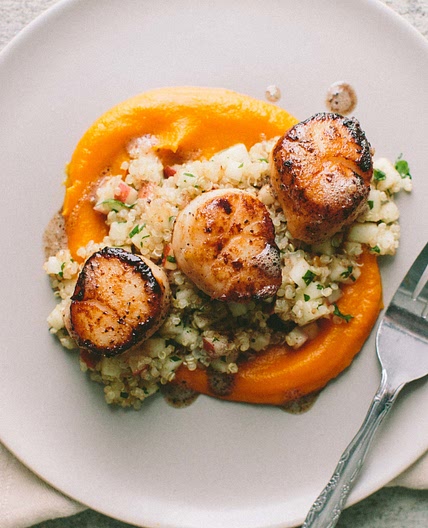 Seared Scallops with Quinoa and Apple Salad + Butternut Squash Puree — A Thought For Food
