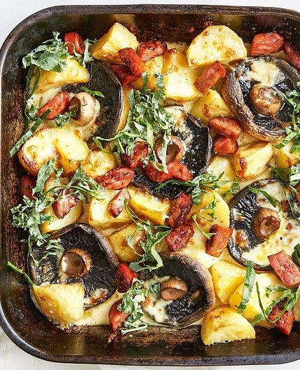 Cheesy chorizo, potato and mushroom bake recipe