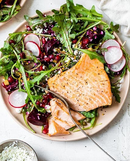 Salmon, Beet, and Arugula Salad with Pistachios and Pomegranates