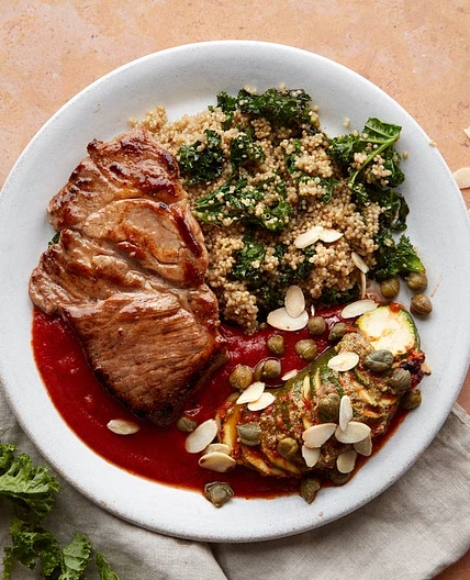 MC - Hasselback courgette tomato bake with pork ribeye