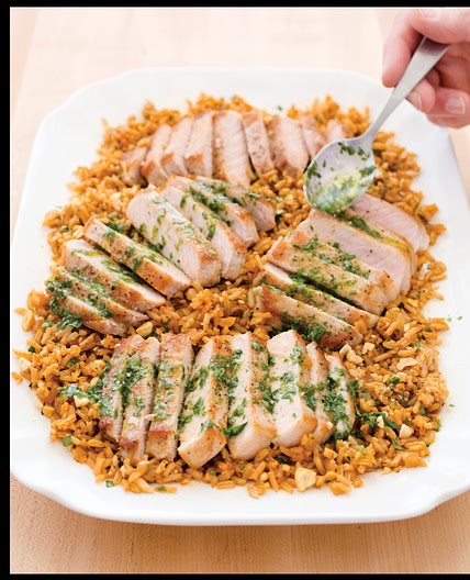 PORK CHOPS WITH CHILE RICE AND PEANUTS