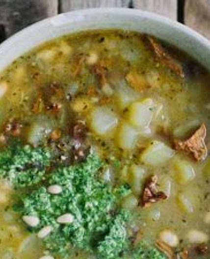 Potato and Chanterelle Soup with Fresh Arugula Pesto (Vegan)