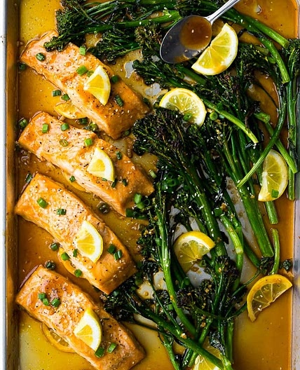 Sheet Pan Honey Lemon Sheet Pan Salmon and Broccolini