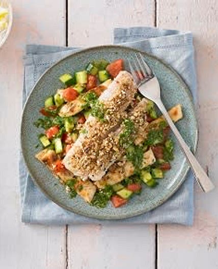 Spicy Crusted Pollock with Middle Eastern Bread Salad