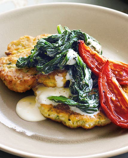 Zucchini cakes with slow-roasted tomatoes & lemon creamed spinach