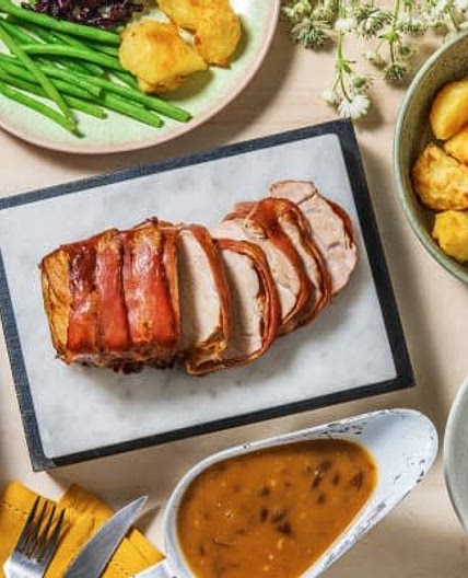 HF - Bacon Wrapped Pork and Onion Gravy with Roast Potatoes, Red Cabbage and Green Beans