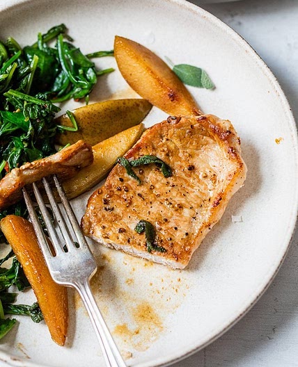 Pork Chops and Pears with Spicy Mustard Greens