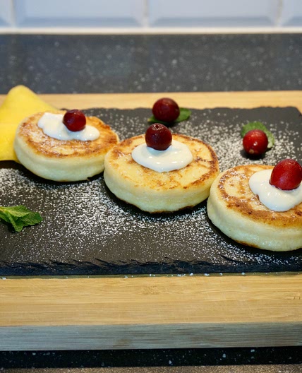 Syrniki or fried Eastern Slavic quark pancakes