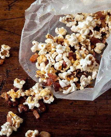Popcorn with Bacon Fat, Bacon, and Maple Syrup
