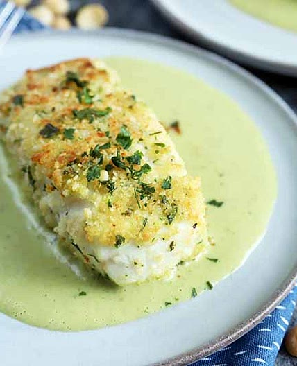 Macadamia Nut Crusted Halibut with Fresh Herbs and Coconut Sauce