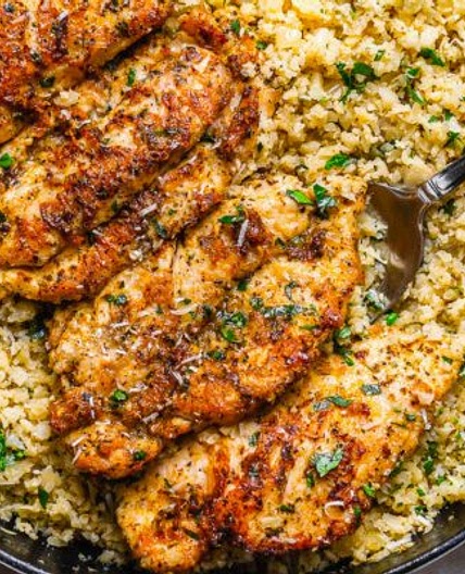15-Minute Garlic Butter Chicken with Parmesan Cauliflower Rice