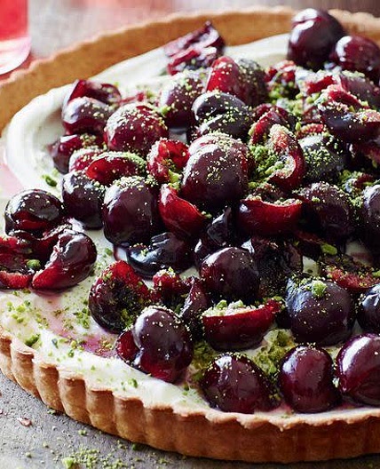 Cherry, pistachio and rose tart