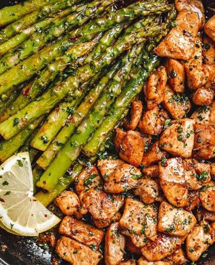 Garlic Butter Chicken Bites with Lemon Asparagus