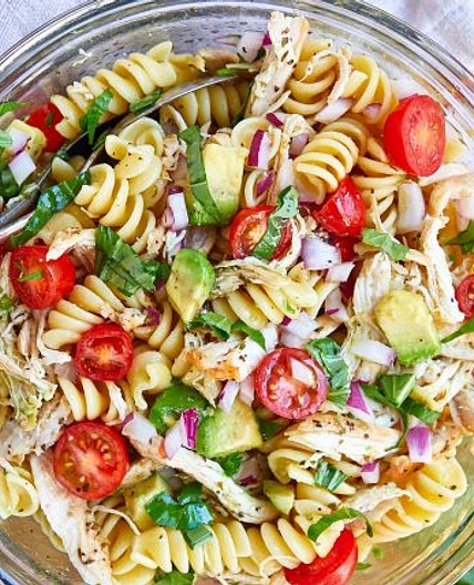 Healthy Chicken Pasta Salad with Avocado, Tomato, and Basil ﻿
