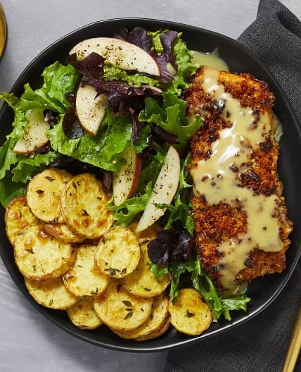 HF -- Pecan-Crusted Trout with an Apple-Studded Salad & Thyme-Roasted Potatoes